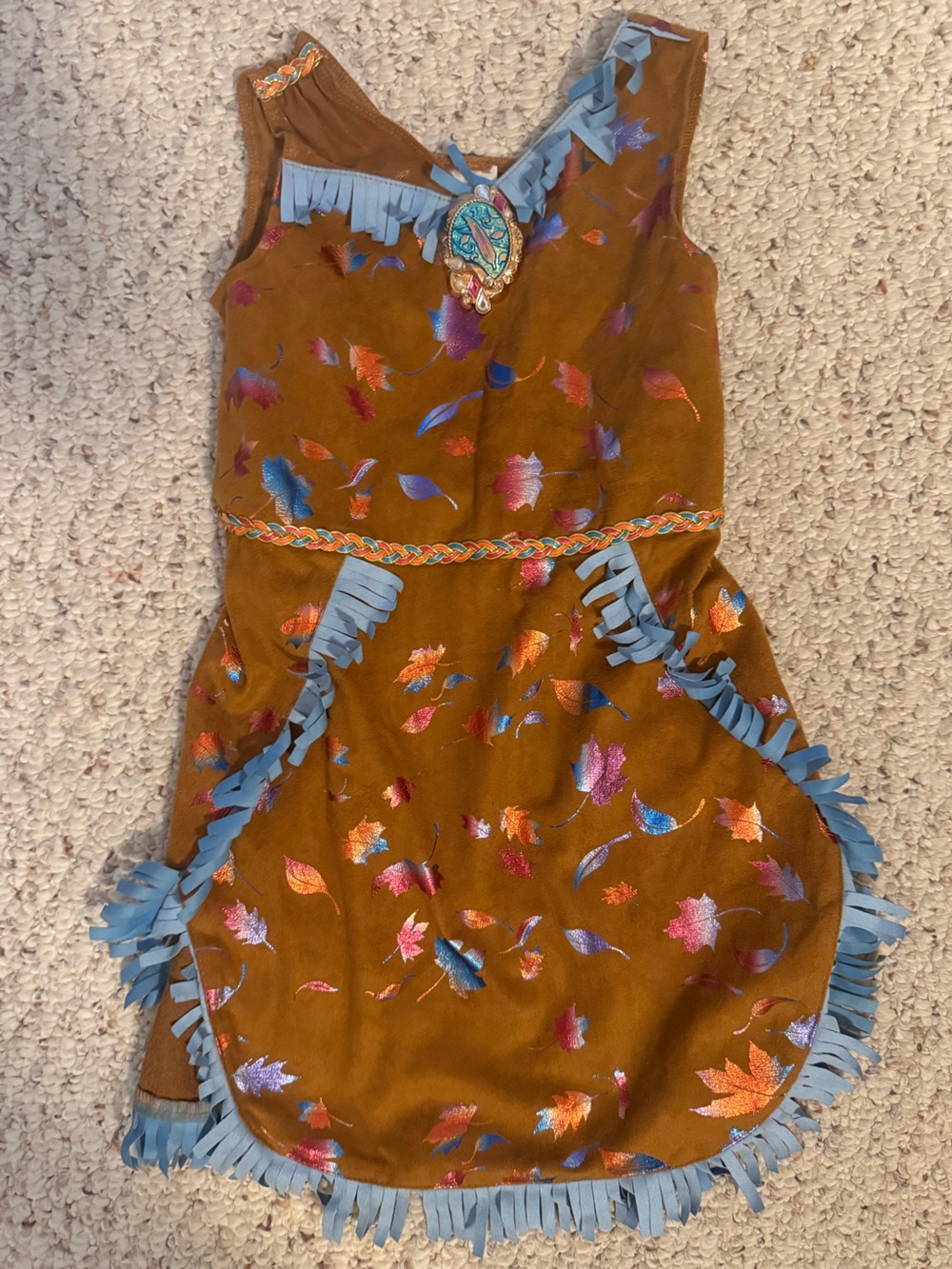 Disney Pocahontas Costume Dress with Blue Fringe and Multicolor Foil Leaves
